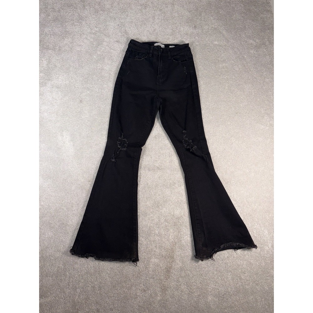 kancan‎ kurvy ultra high rise flare black distressed raw hem 25